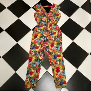 Vintage Le Group Sleeveless Jumpsuit Rainbow Colorful Abstract V-Neck sz Medium